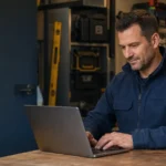 Locksmith updating a professional business listing on a laptop