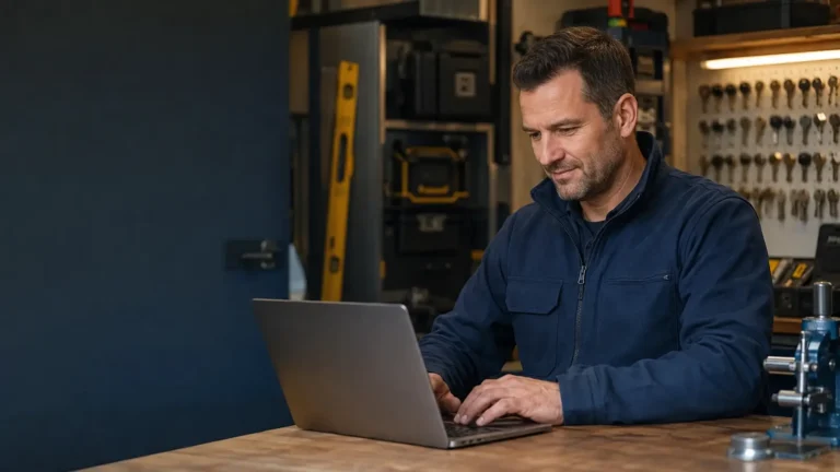 Locksmith updating a professional business listing on a laptop