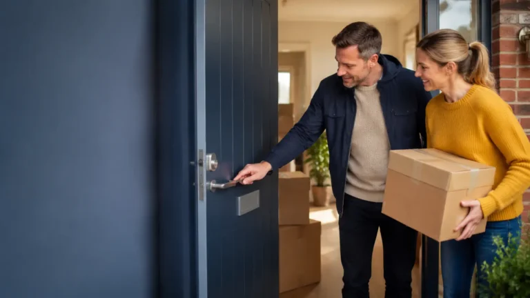 New homeowners checking the front-door lock after moving in