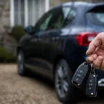 Two car keys beside a modern vehicle