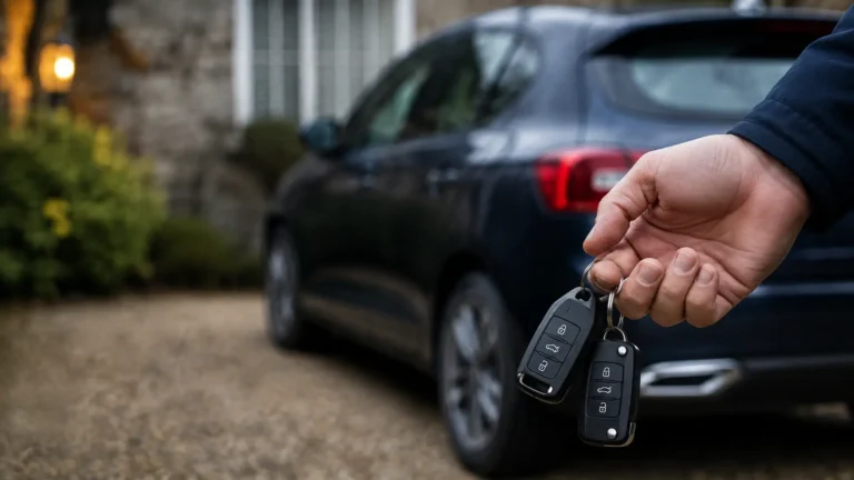 Two car keys beside a modern vehicle