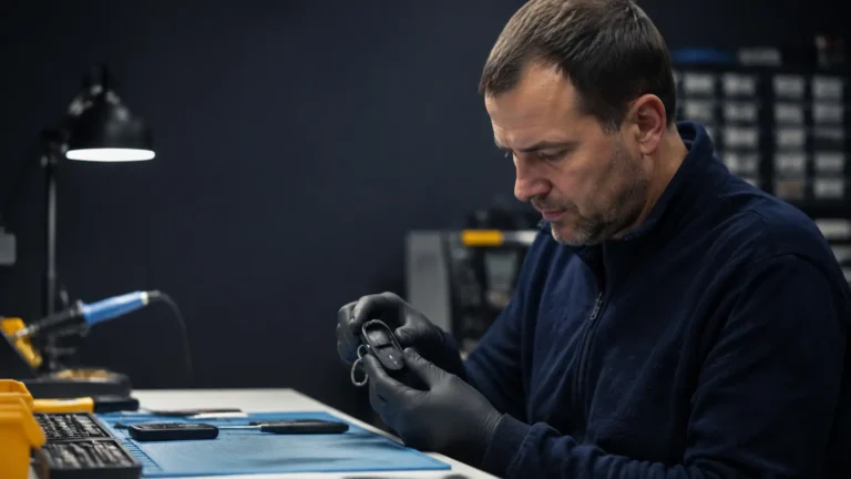 Technician inspecting a damaged remote car key