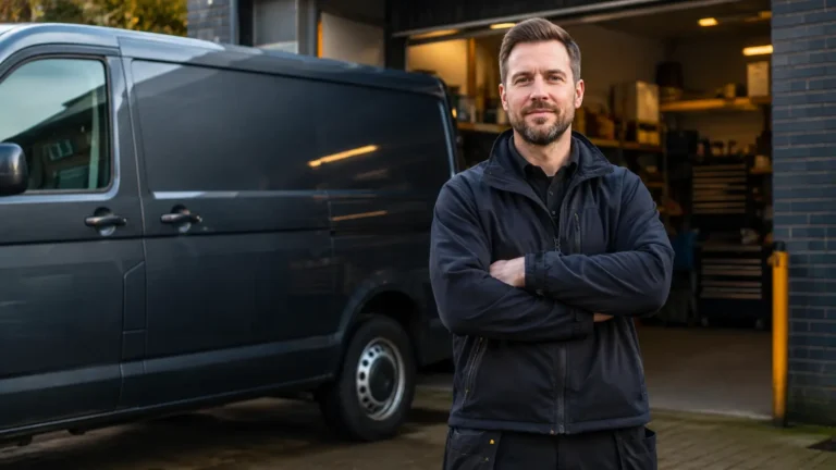 Verified locksmith business owner beside branded-free service van