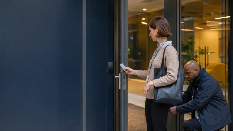 Office employee using electronic door access while locksmith checks hardware