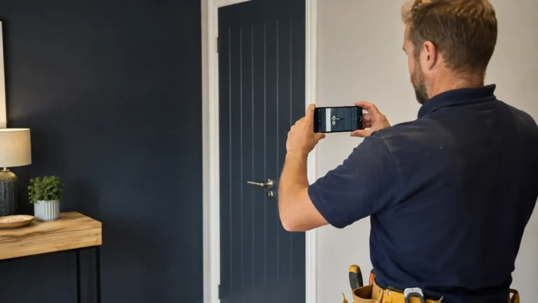 Locksmith photographing completed door-lock work