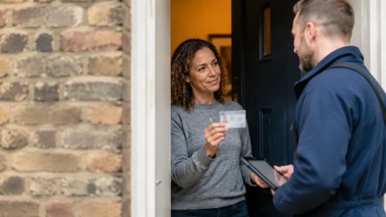 Customer showing identification to a locksmith at the door