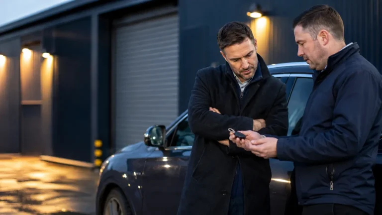 Owner speaking to an auto locksmith beside a secured car